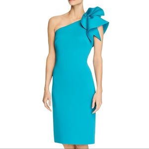 Ruffle One Shoulder Ruffle Cap Sleeve 3D Scuba Sheath Dress Size 8 in Jade
